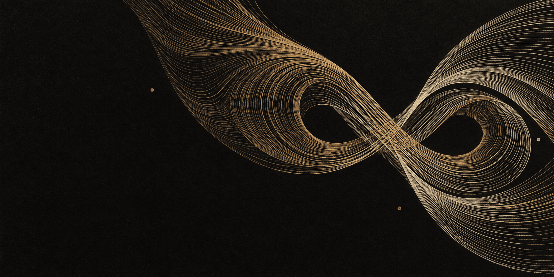 An abstract print of fine brass and ivory currents crossing black paper.